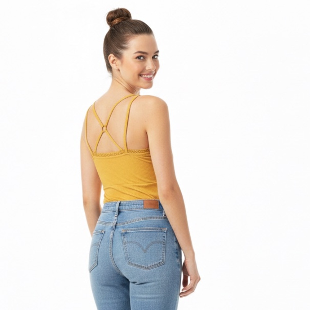 No Boundaries NWOT Stretchy Soft Ribbed Mustard Yellow Camisole Top Cage Back